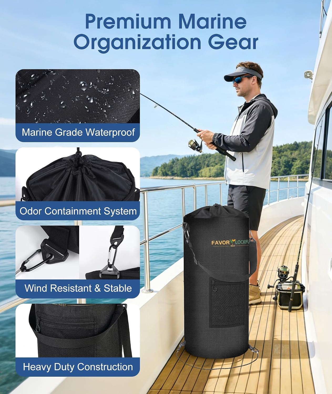 Boat Trash Can, Reusable Waterproof & Wind Resistant Hanging Garbage Container Bag for Boat, Marine, Fishing, RV & Camping Accessories (Black)