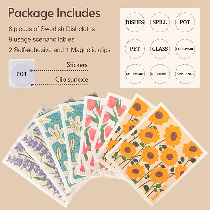 Swedish Dishcloths for Kitchen, 8 Pack Flower Reusable Paper Towels Washable - Image 6