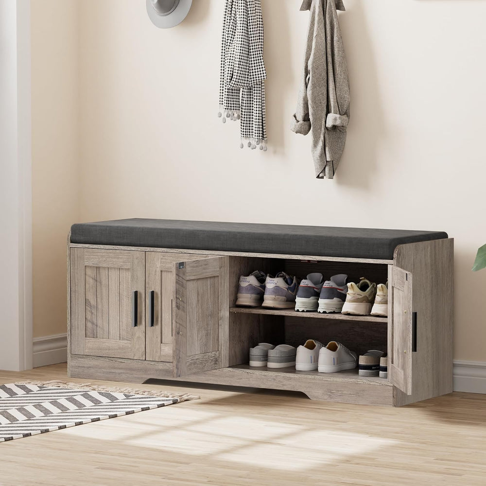 Homleke Shoe Storage Bench, 4 Doors & Thickened Padded Seat Cushion