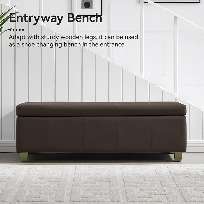 51" Faux Leather Storage Ottoman, Stitch Tufted Rectangle Upholstered End of - Image 6