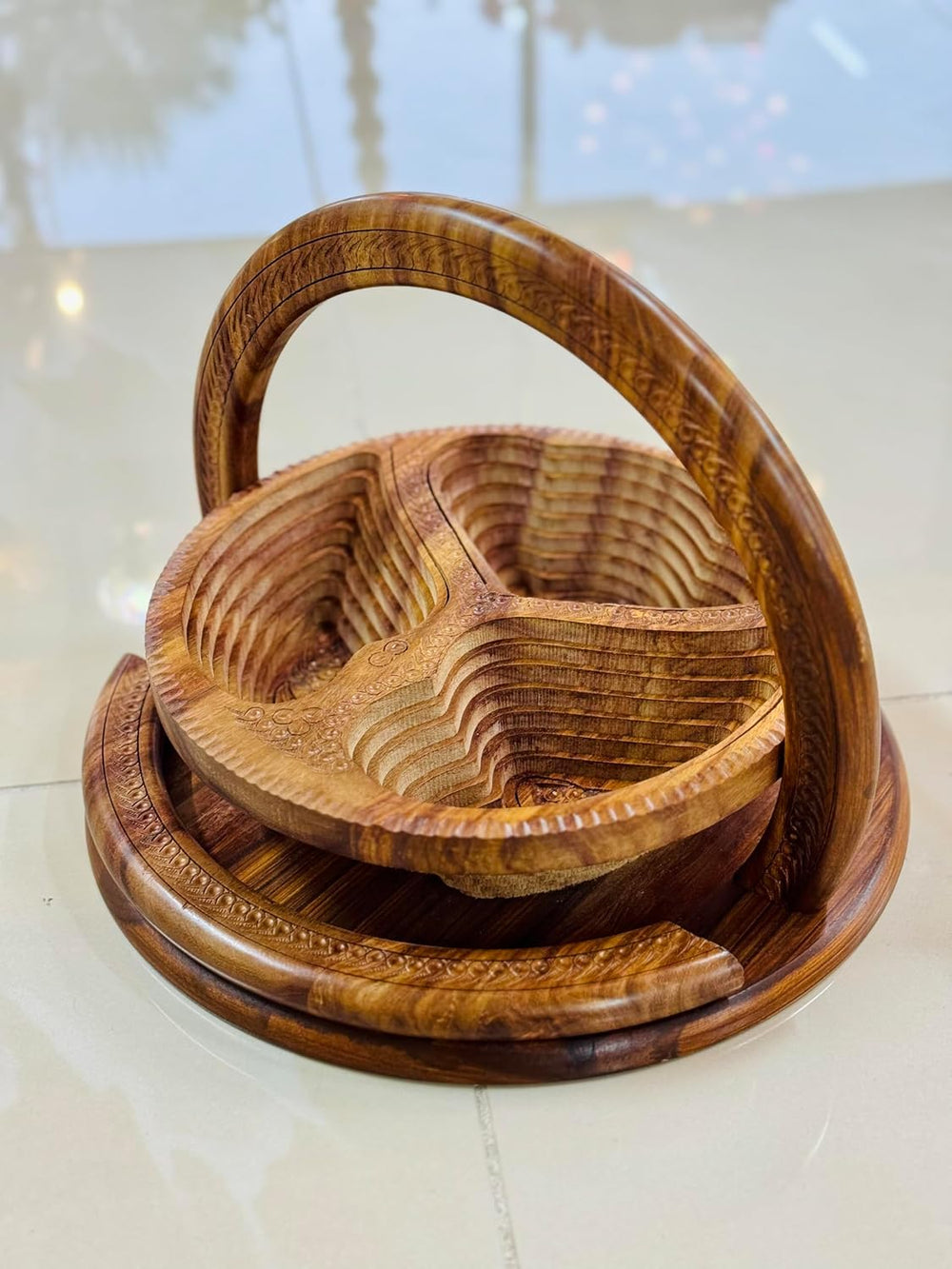 Handmade 12″ Collapsible Wooden Basket, 3-Compartment Angel Wings Design in H...