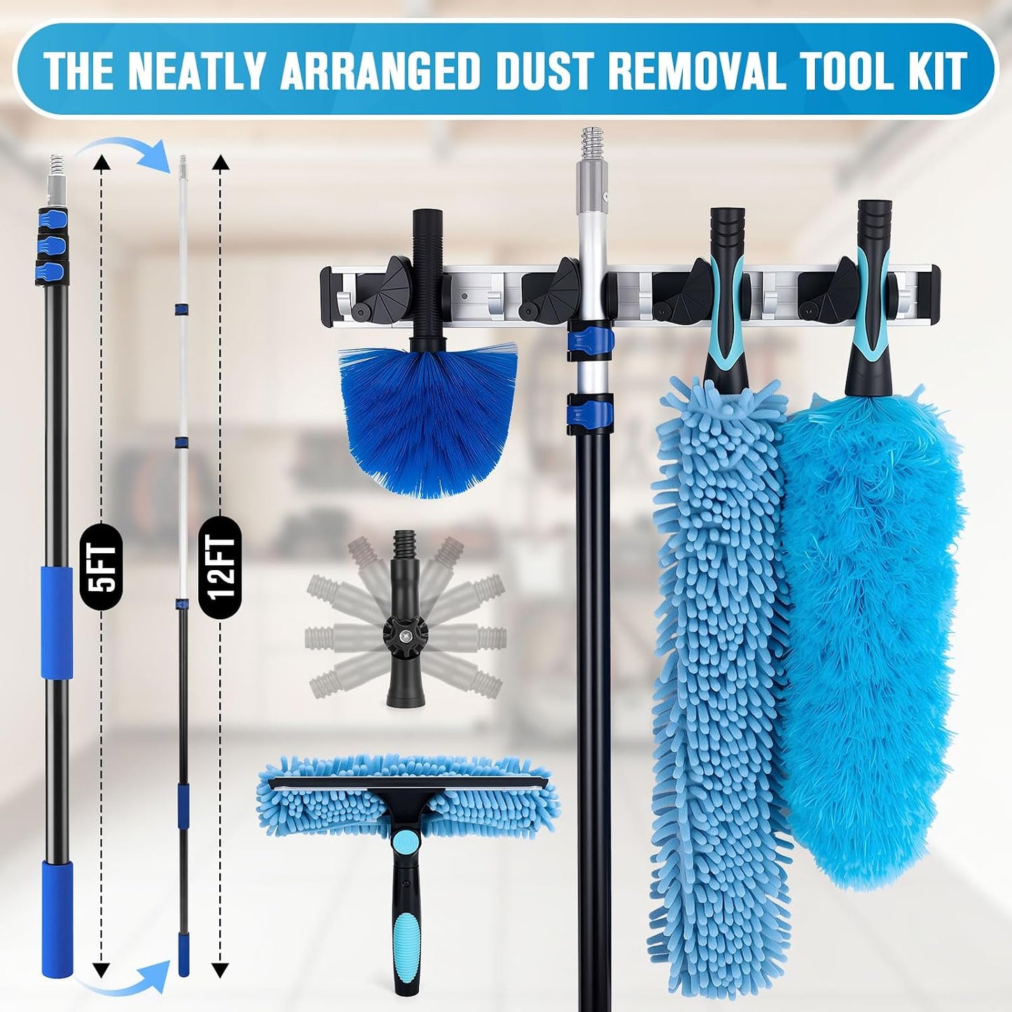 20Ft High Reach Ceiling Fan Cleaner Duster Kit, Reusable Cobweb Duster with 5-12Ft Heavy Duty Extension Pole, Washable Microfiber Duster & Window Squeegee for High Ceiling & Glass Cleaning