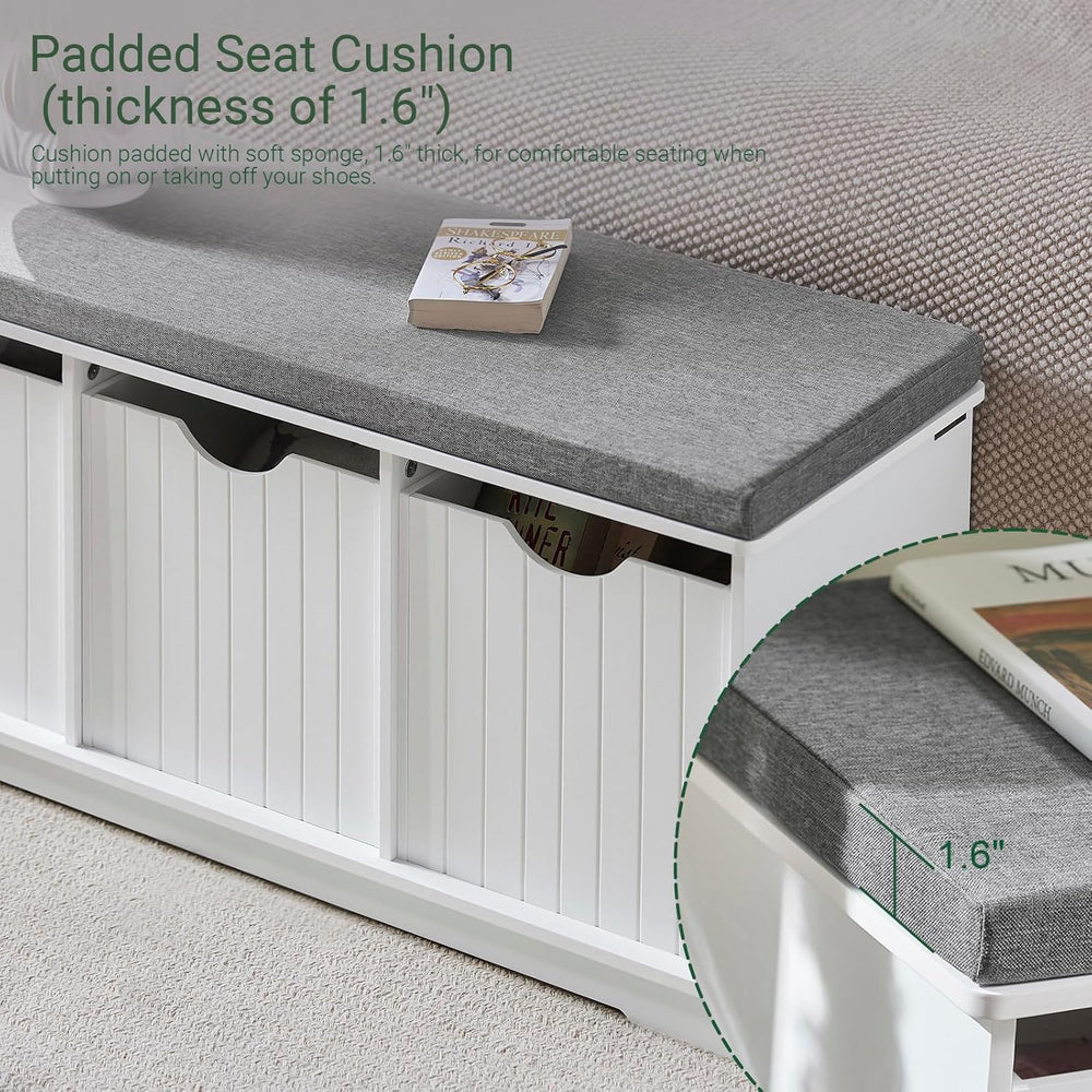 Haotian White Storage Bench with Drawers & Seat Cushion