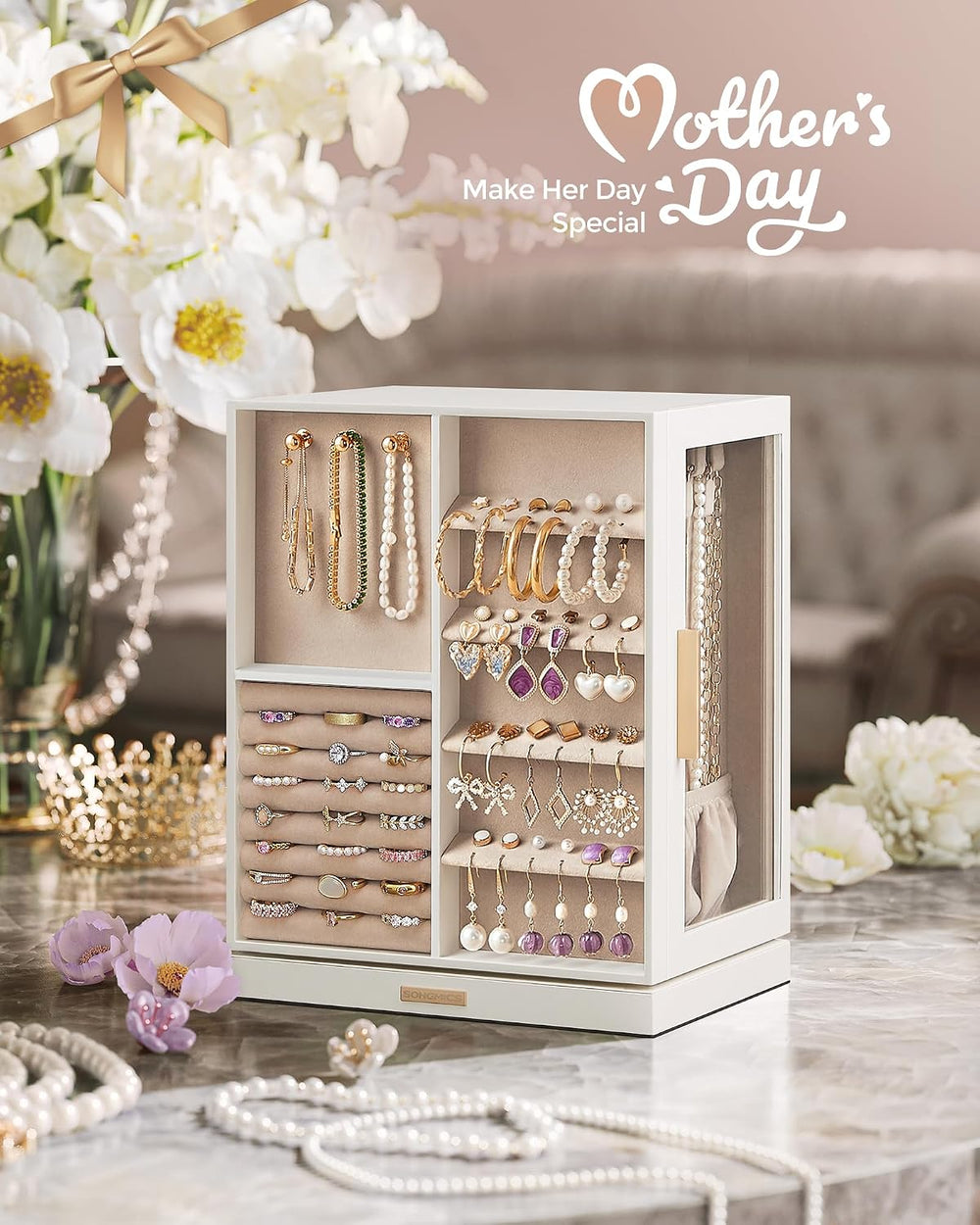 SONGMICS Jewelry Box Organizer, 360° Rotating, 5 Drawers, Cloud White