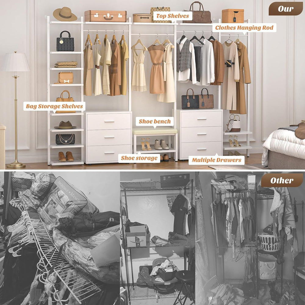 Aheaplus Closet System with 6 Drawers, 8FT Wood Closet Organizer, White