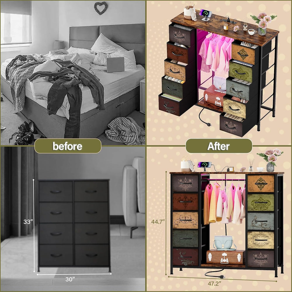 VASICAR Tall Dresser for Bedroom with Hanging Rack, 10 Drawers TV Stand
