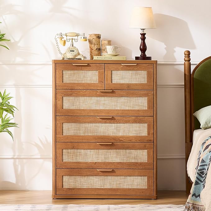 LEYAOYAO Rattan Dresser for Bedroom, Modern 6 Drawers Boho Dressers - Image 6