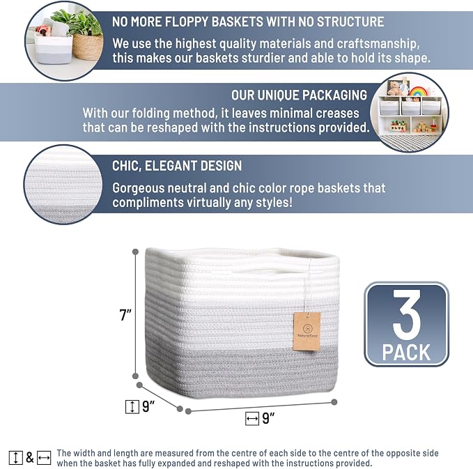 NaturalCozy Storage Cubes 9”x9”x7”Cotton Rope Woven Baskets - Image 2