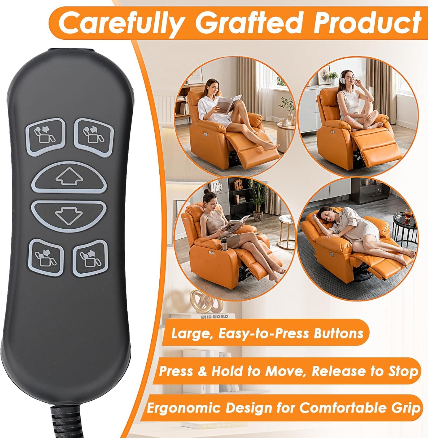 HSW306 Compatible 6 Button 7 Pin Lift Chair Remote Replacement Controller, with USB Charging Port & Backlit Buttons, Hand Wand Replacement for Power Recliner (Version A)