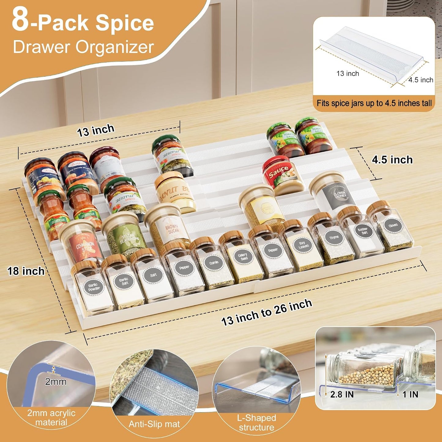 8-Pack Spice Rack for Drawer, White, 13" to 26"