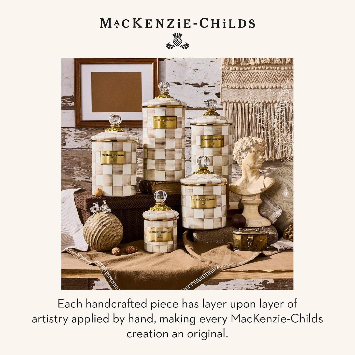 MACKENZIE-CHILDS Enamel Canister, Small, Brown-and-White Mocha Check | Hand-painted design, made from enameled steel, versatile kitchen storage container for flour and sugar, 38-ounce capacity