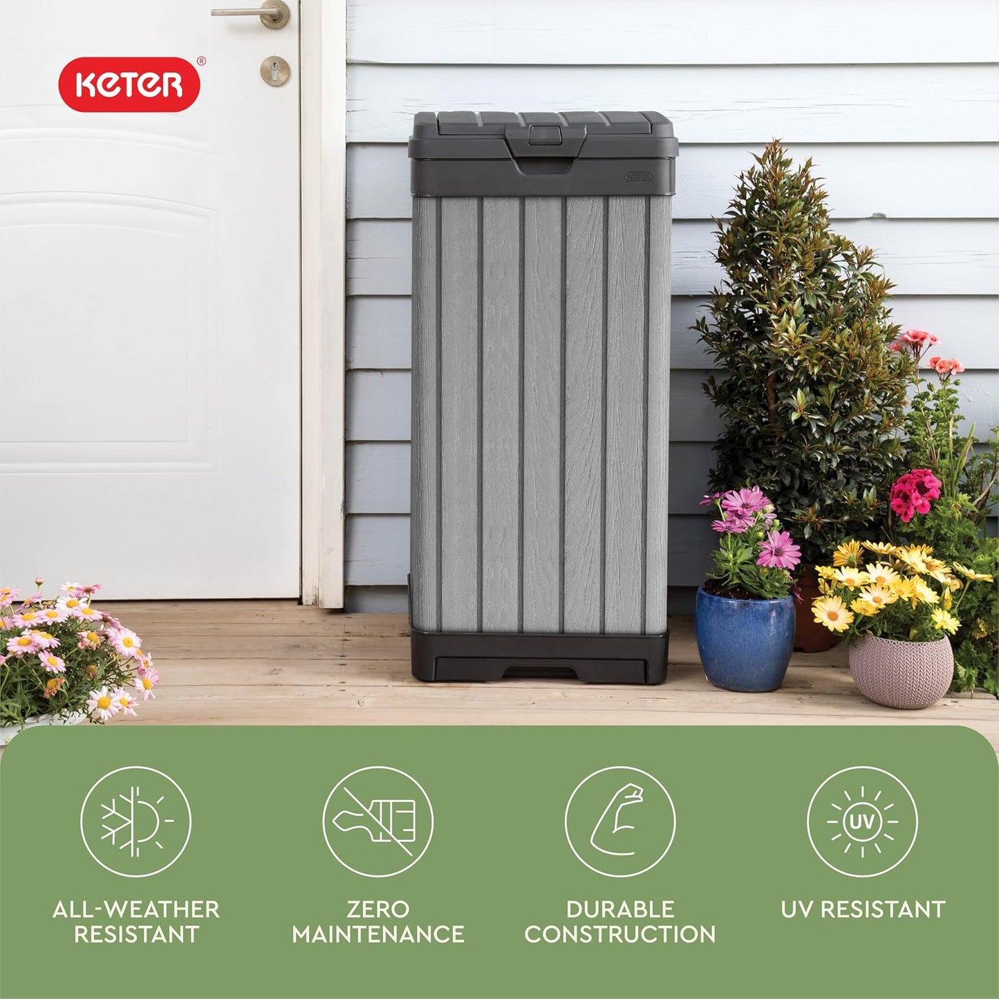 Keter Darwin Outdoor Trash Can, 38 Gallon Weather-Resistant Resin Waste Bin with Lid, Wood-Look Design for Patio, Deck, Porch & Backyard