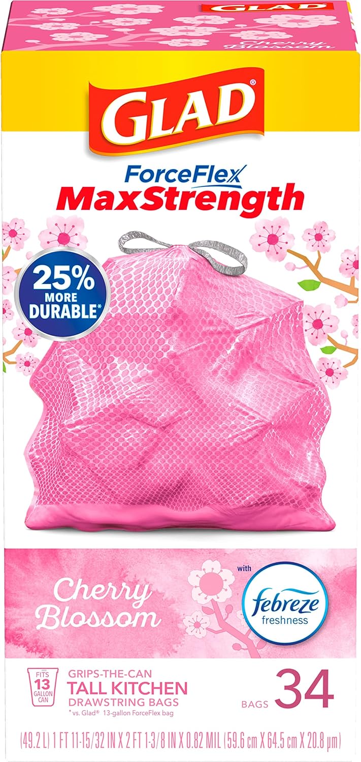 Glad Tall Kitchen Trash Bags 13 Gallon, MaxStrength Cherry Blossom Garbage Bags, Odorshield with Drawstring, 34 Count