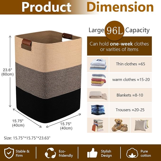 Laundry Hamper 96L Extra Large Laundry Basket, Woven Blanket Basket, Cotton - Image 4