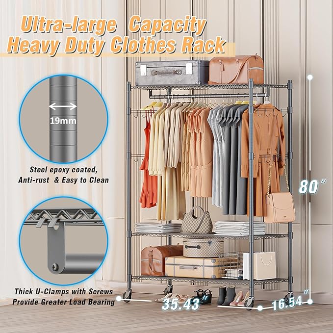 Homdox Heavy Duty Rolling Clothing Rack, Adjustable Garment Rack - Image 3