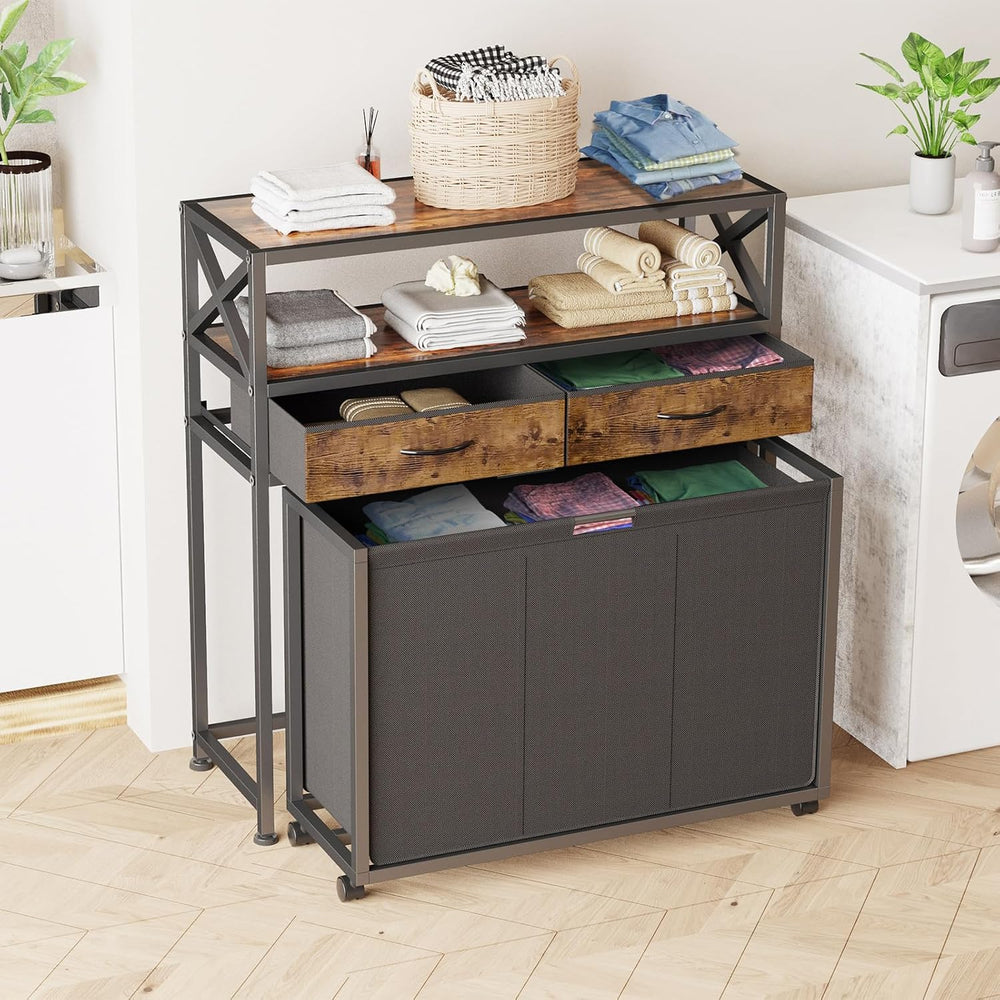 150L Laundry Sorter Hamper 3 Section with 2 Shelves & 2 Drawers