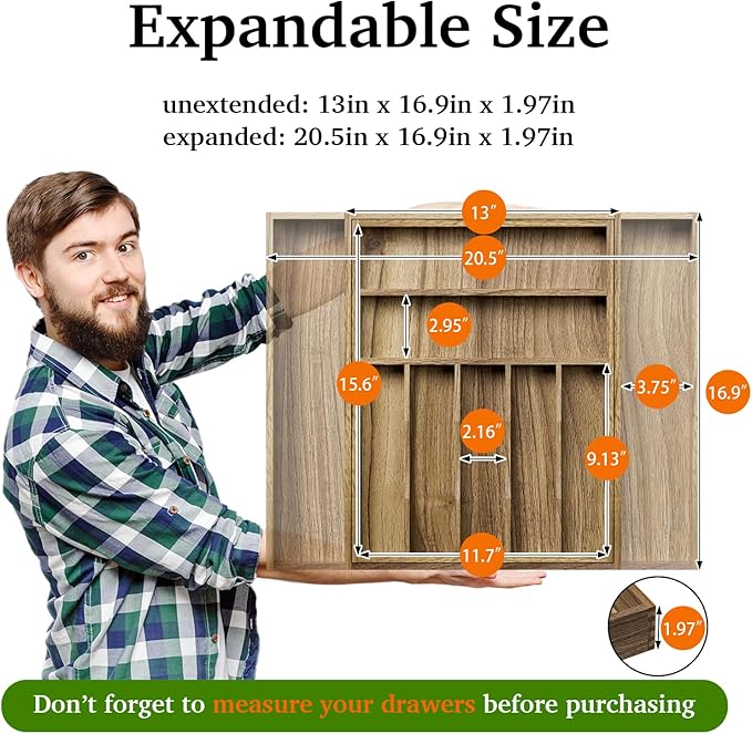 Acacia Wood Kitchen Silverware Drawer Organizer, Expandable Utensil Cutlery - Image 2