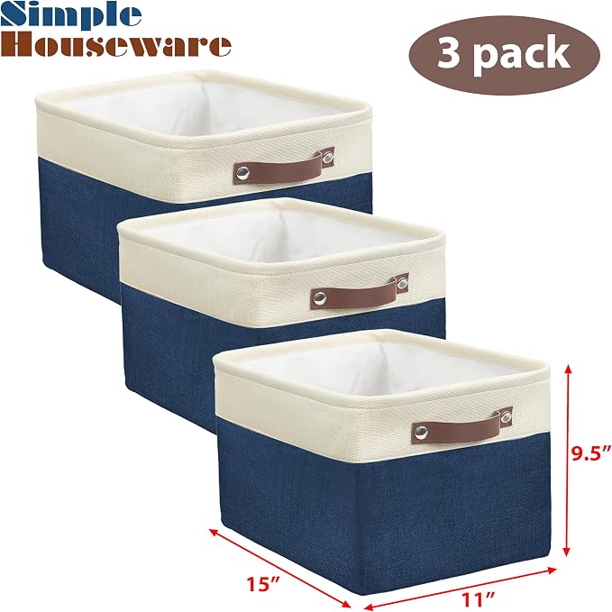 SIMPLE HOUSEWARE Large Fabric Storage Bin, 3 Pack, Steel Blue - Image 3