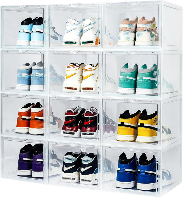 SPACECRAFTERS® Shoe Boxes Clear Plastic Stackable with Magnetic Door, Foldable Shoe Organizer, Shoe Storage Organizer with Lid, Clear Shoe Storage Boxes Stackable, Sneaker Storage, Shoe Boxes, 12 Pack