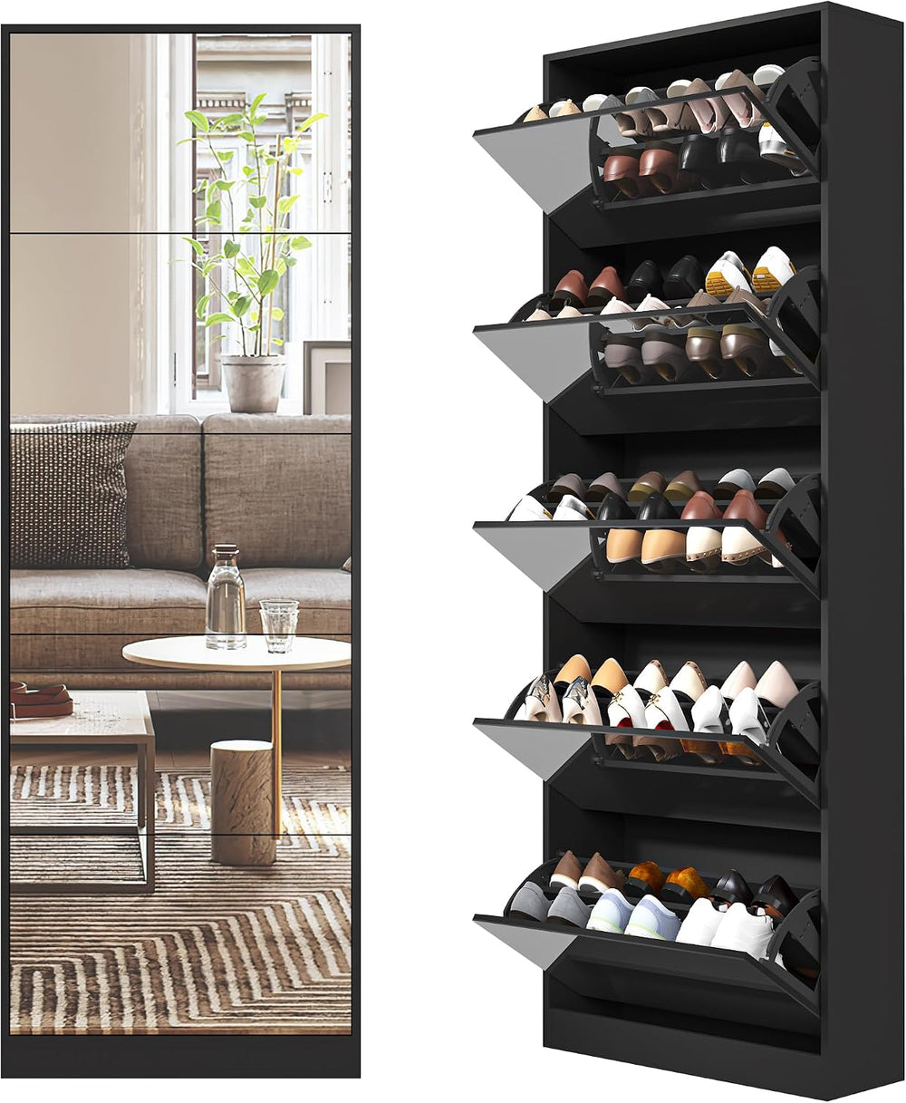Mirrored Shoe Storage Cabinet with 5 Flip Drawers, 30 Pairs