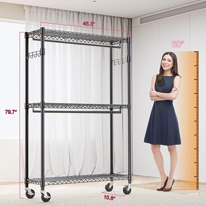 Heavy Duty Rolling Garment Rack 3 Tiers Adjustable Wire Shelving Clothes Rack - Image 8