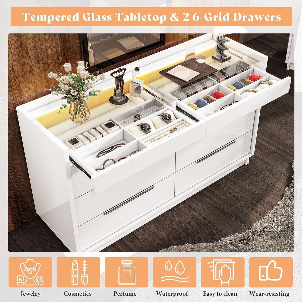 AMERLIFE 47.2" W 8-Drawer Dresser with Glass Top, High Gloss, White