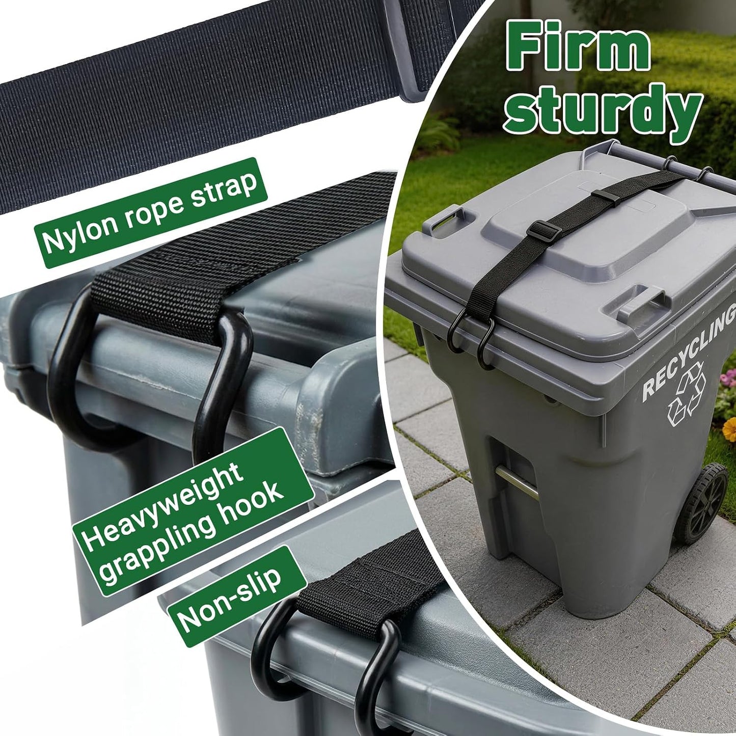ANKS Heavy Duty Bear & Raccoon Proof Trash Can Lock - Metal Hook | Windproof, 20-35" Adjustable Strap, Fits 28-96 Gal Bins, tool-free, Non-slip double claw design,Black.