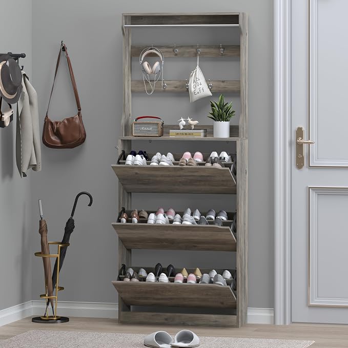 Shoe Cabinet with 3 Flip Drawers & Coat Rack, Narrow Hidden Shoe Storage Cabinet - Image 7