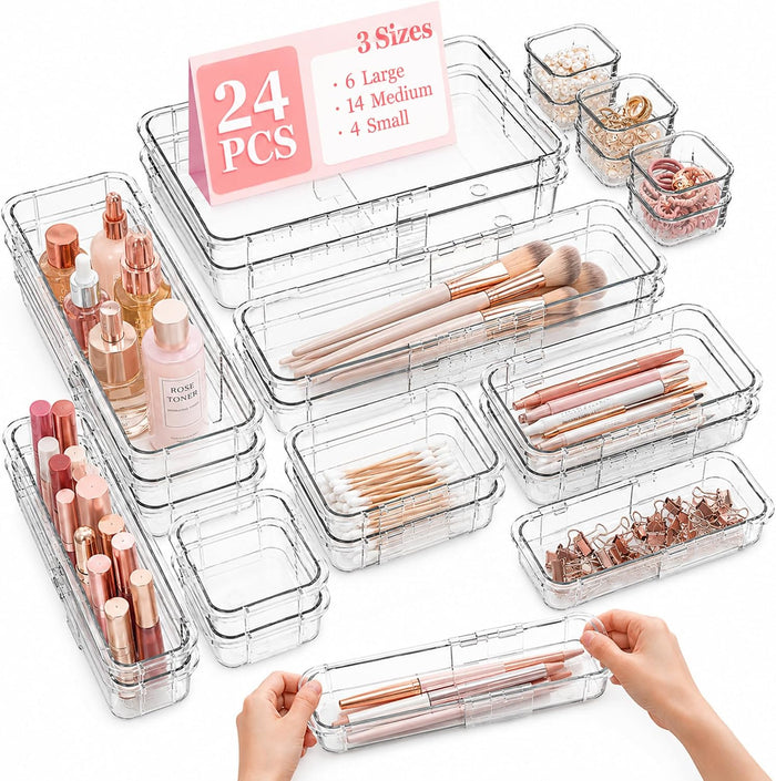 24 Pcs Clear Adjustable Drawer Organizer, 3-Size Expandable Desk Drawer Organizer Box, Acrylic Storage Bins for Makeup, Cosmetic, Kitchen Utensils, Bedroom Dressers Tool Organizer for Gadgets (24)