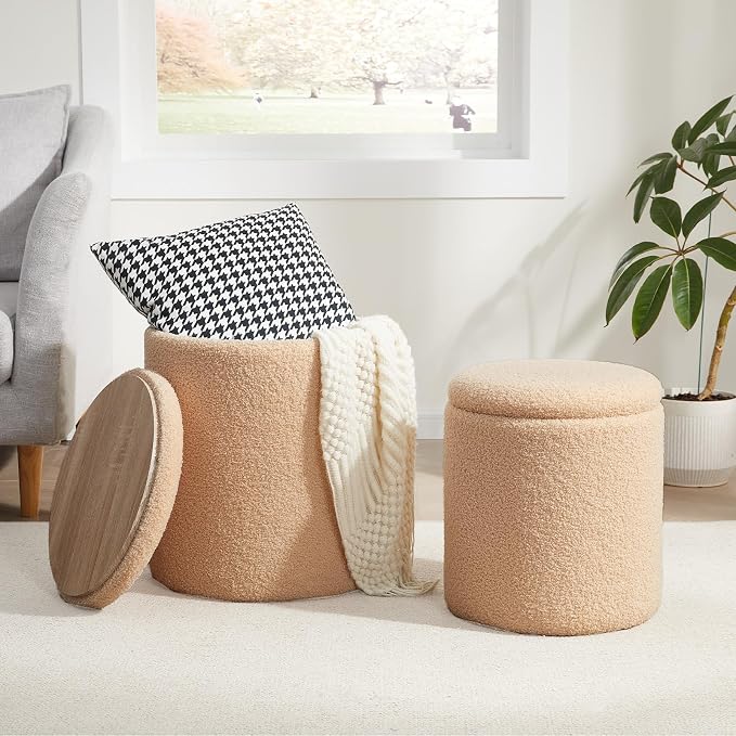 Boucle Round Ottoman with Storage Set of 2, Small Foot Stool Ottoman by RoyalWindsor
