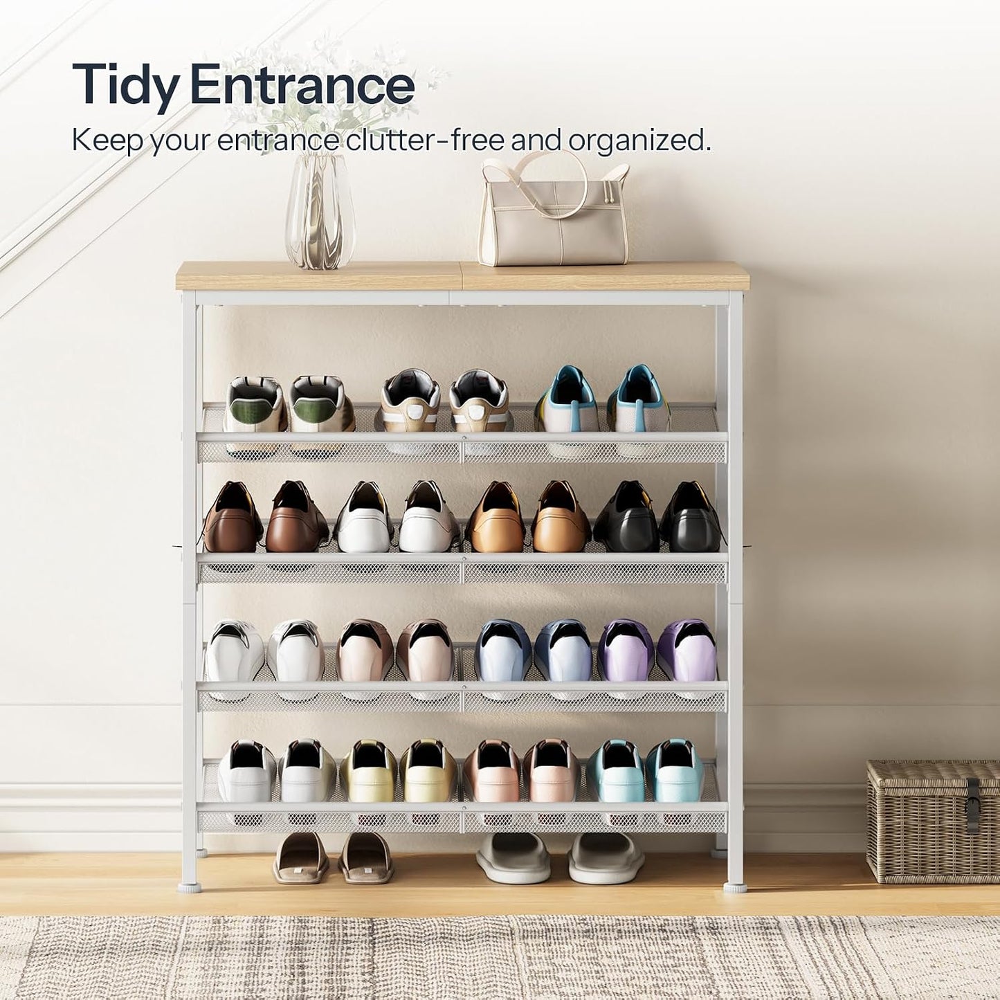 HOOBRO Shoe Rack for Entryway, 5-Tier Shoe Organizer with Adjustable Mesh Shelves, 12-16 Pairs of Shoes, Spacious Floor Mount, Metal, Industrial, Shoe Shelf for Closet, Natural and White WN12XJ01