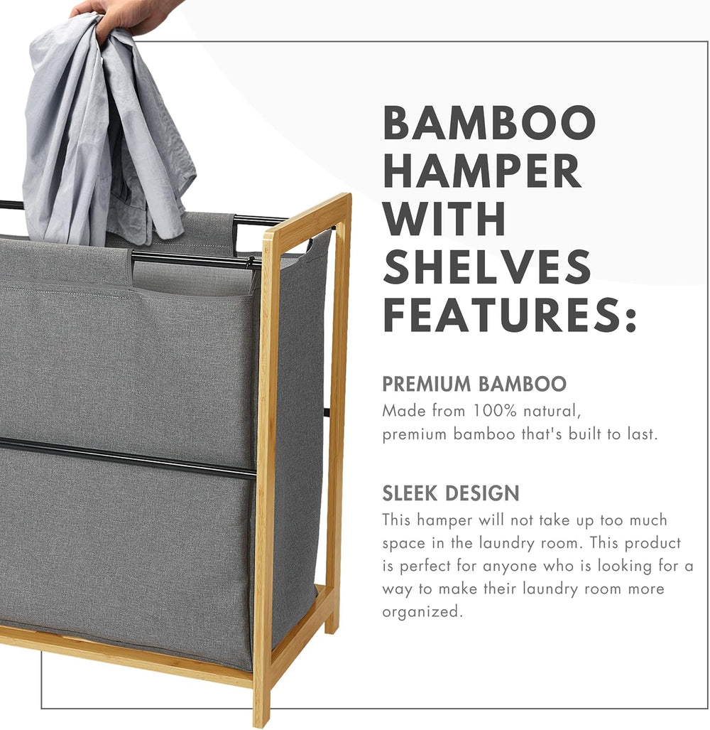 Bamboo Laundry Hamper with Shelves - Freestanding Laundry Hamper Basket Table...