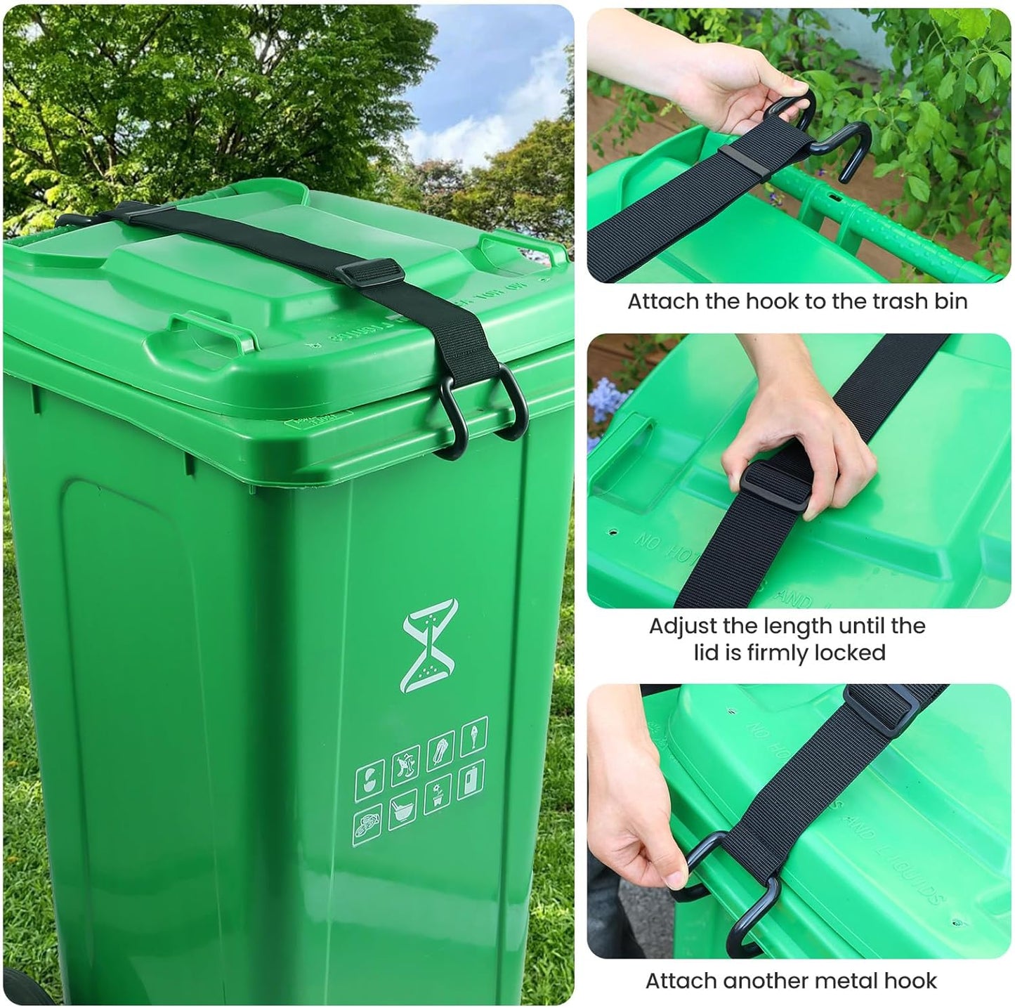 Metal Non-Slip Double Claw Trash Can Lid Lock, Adjustable Animal-Proof & Windproof Garbage Can Lock, Universal Fit for 28-96 Gallon Outdoor Bins (1)