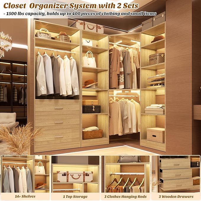Corner Closet System with 3 Drawers, Corner Closet Organizer System with 13 - Image 4