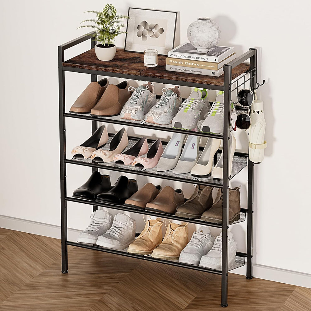 5 Tier Shoe Rack, Shoe Rack for Entryway with Hook, Shoe Organizer with Adjus...