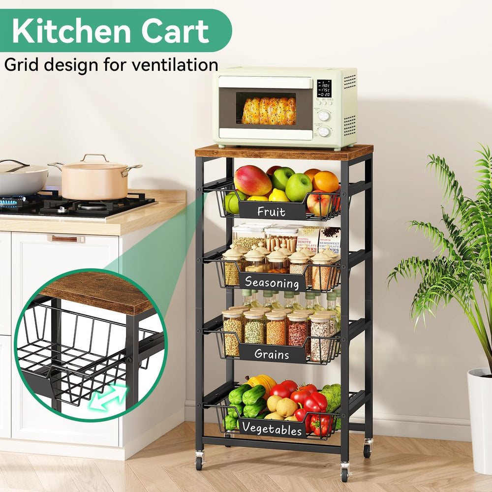 IBUYKE Metal Kitchen Storage Cart,Utility Cart with Drawers,Brown TLJ026H