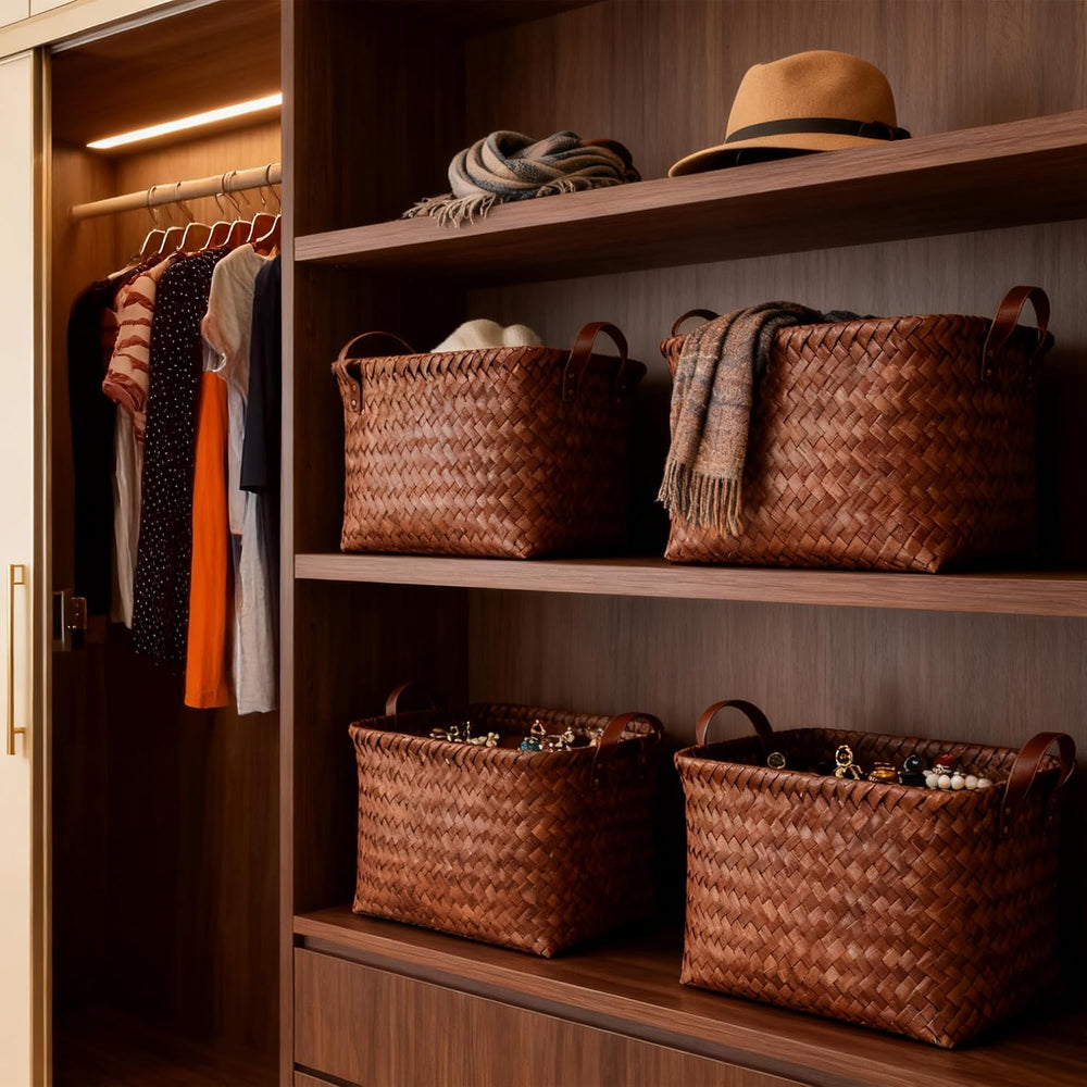 4-Pack Laundry Baskets,Wicker Storage Baskets for Shelves,Brown