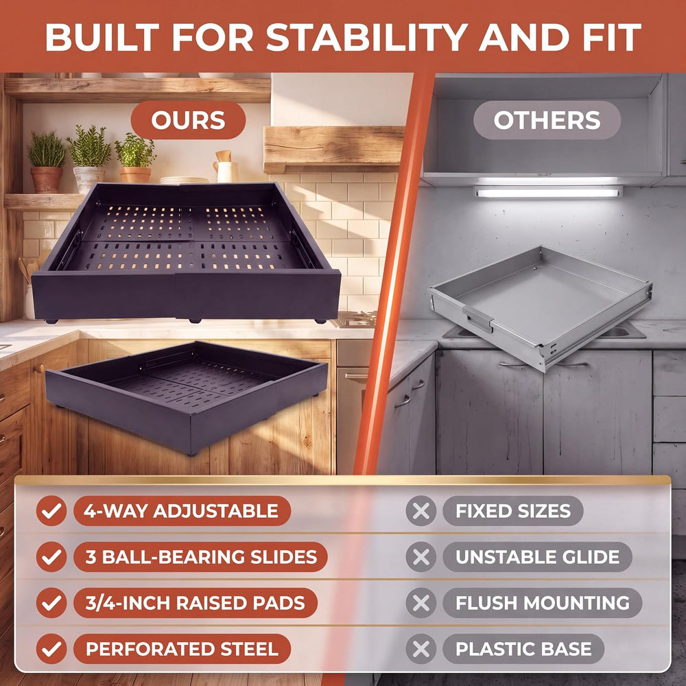 Expandable Pull Out Cabinet Organizer | 4-Way Adjustable Carbon Steel