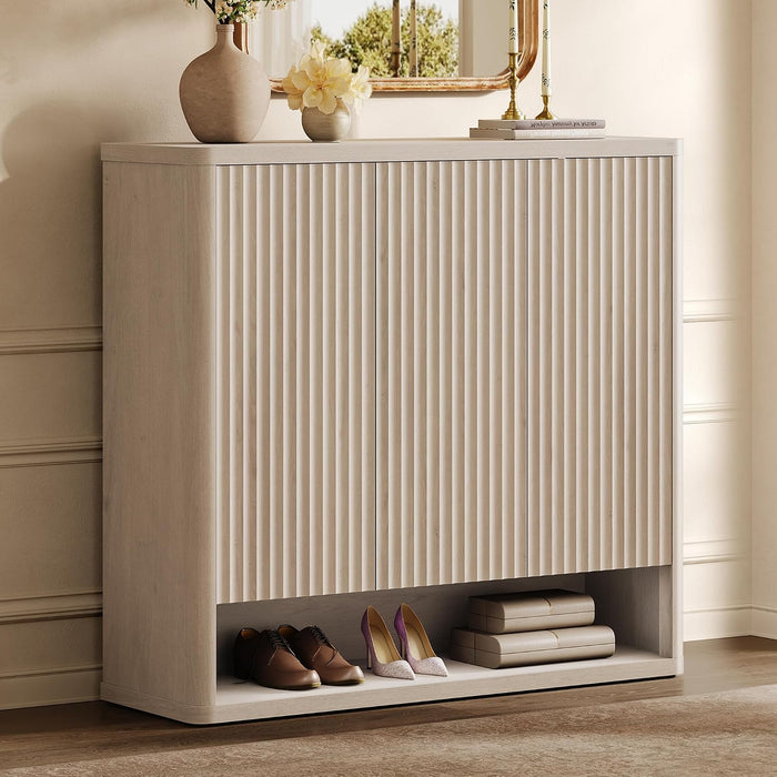 SICOTAS Shoe Cabinet 47.2" Wide Freestanding Fluted Shoe Storage Cabinet with 3 Doors & 4 Adjustable Shelves Large Modern Shoes Rack Organizer Cabinets Storage for Entryway Hallway Living Room