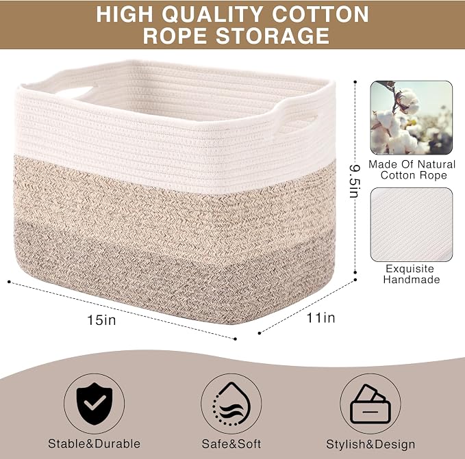 Storage Baskets for Organizing Shelves, Woven Cotton Rope Bins for Baby Nursery - Image 3