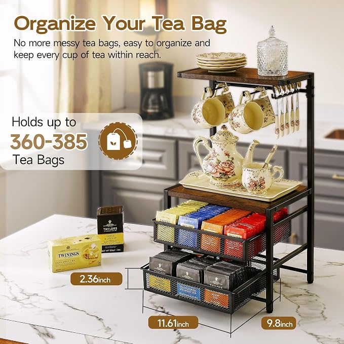 Pinzoveco Tea Bag Organizer, Large Tea Organizers and Storage Box, 2 Drawers - Image 4