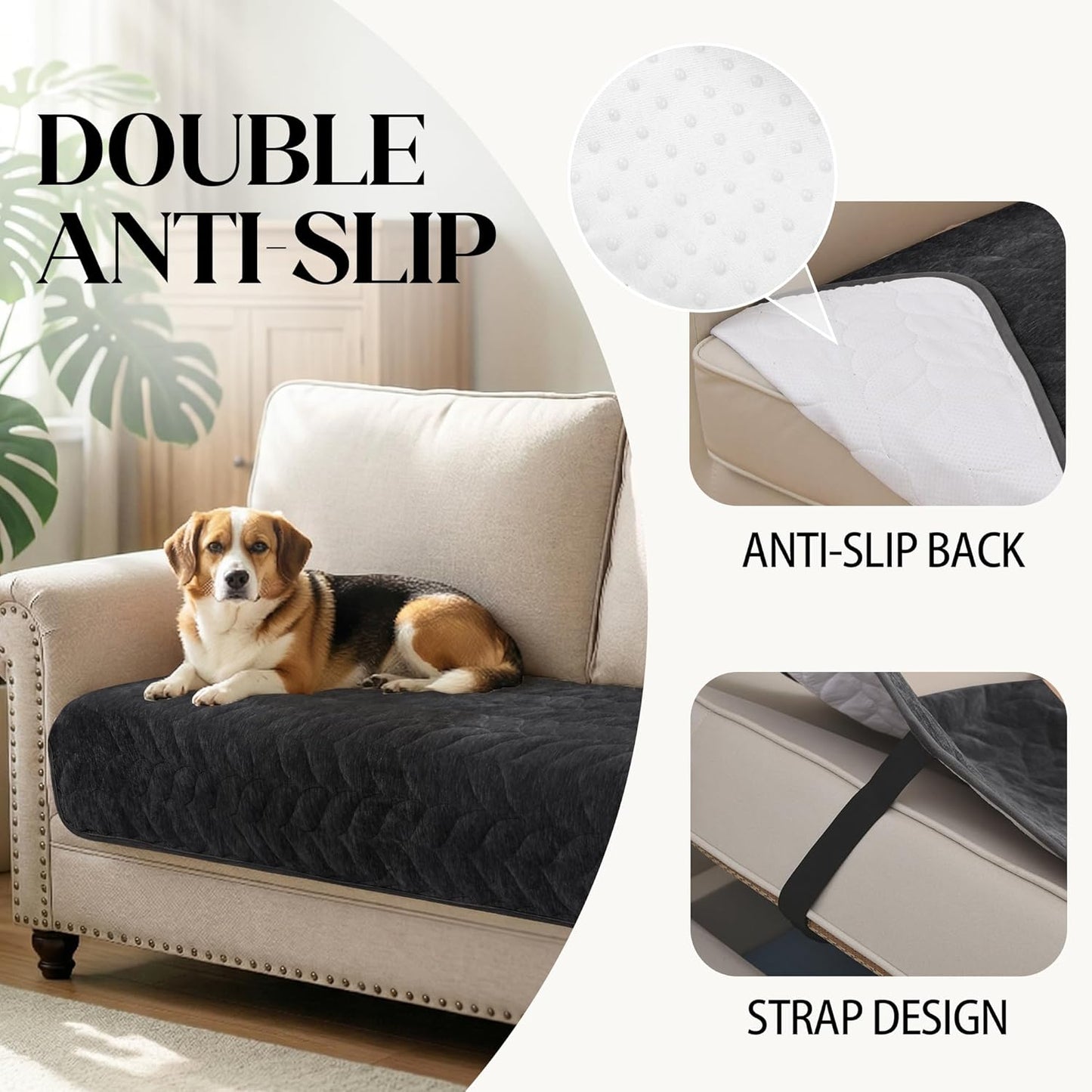 JIUZHEN Couch Cover for Dogs Chenille Quilted Couch Covers for Pets Washable Sofa Protector for 3 Cushion Cover Non Slip Sofa Slipcover with Straps(34" x 74", Black)