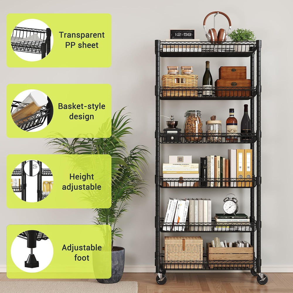 6-Tier Rolling Storage Shelves with Wire Baskets,30 x 13.5 x 65in
