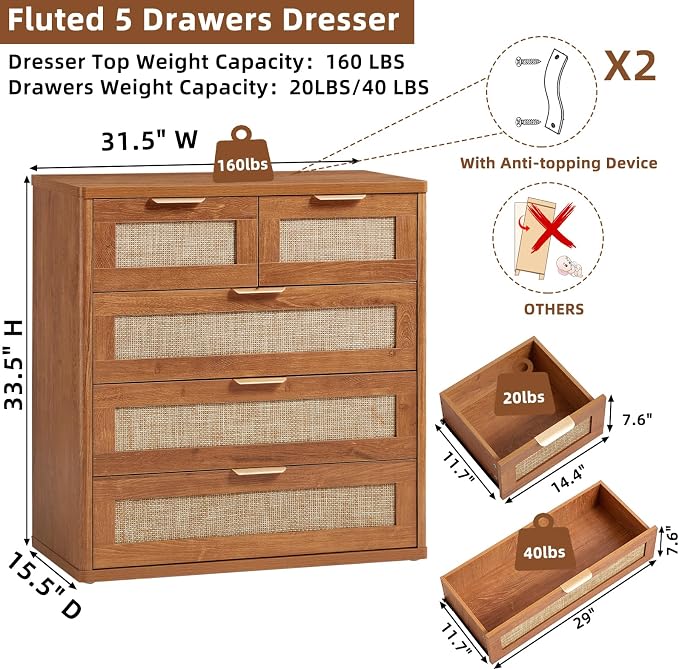 LEYAOYAO Rattan Dresser for Bedroom, 33.5" Tall Chest of Drawers, Modern 5 - Image 3