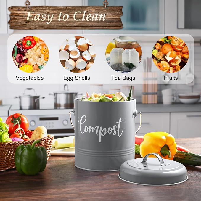 Gray Compost Bin Kitchen, 1.3 Gallon Farmhouse Kitchen Compost Bin Countertop - Image 4