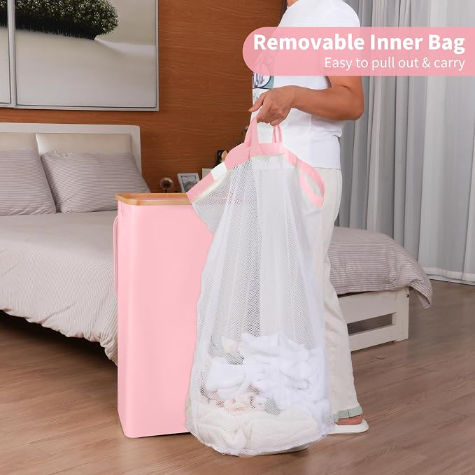 26 Gal Laundry Basket with Lid and Net Bag, Tall Laundry Hamper with Bamboo - Image 4
