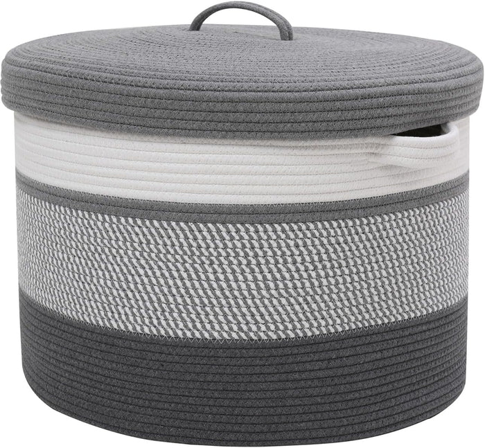 20x15 Inch Extra Large Round Cotton Rope Storage Basket with Lid, Decorative Woven Bin with Cover for Living Room Bedroom Closet, Grey Mix & Dark Grey