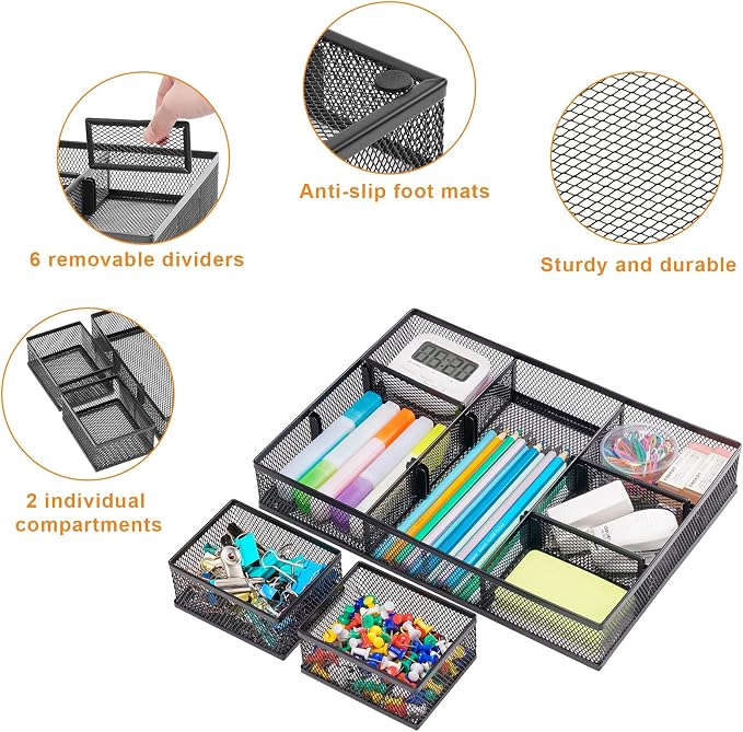 Marbrasse 3 Packs Desk Drawer Organizers, Metal Mesh Dividers Desk Drawer - Image 3