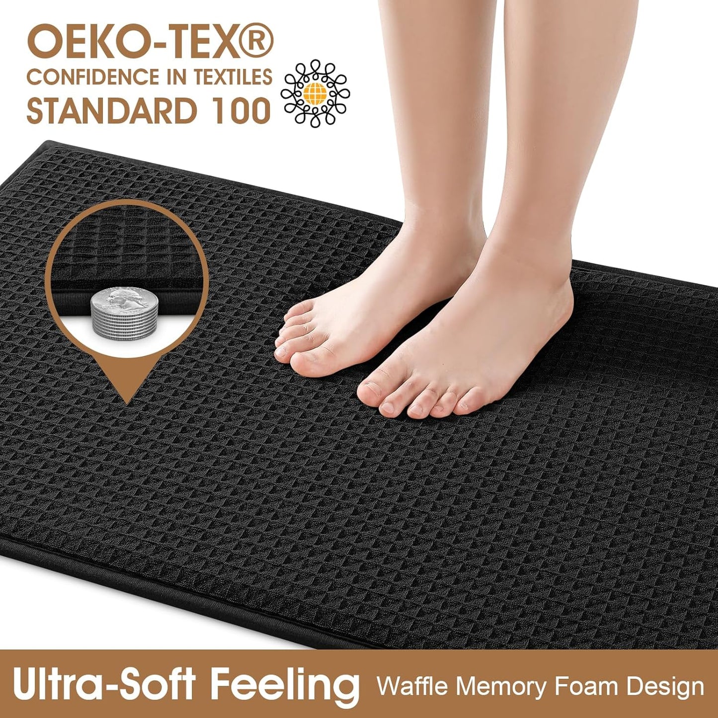 ACCUMTEK Memory Foam Bath Mat, Ultra Soft Absorbent Waffle Bathroom Rugs, Super Non-Slip PVC Backing Bath Rug Quick Dry, Machine Washable Rug for Tub, Shower, Home Decor Accessory, 24" x 17", Black