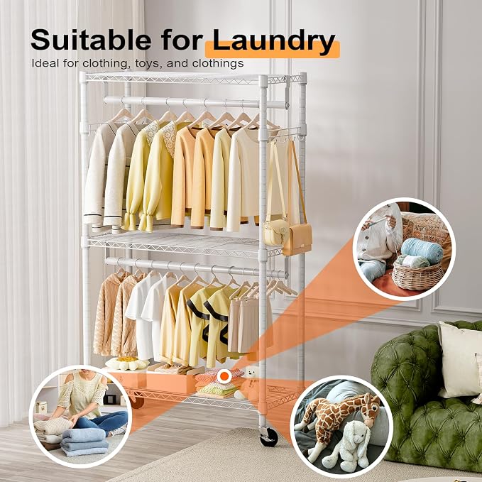 Heavy Duty Rolling Garment Rack 3 Tiers Adjustable Wire Shelving Clothes Rack - Image 5